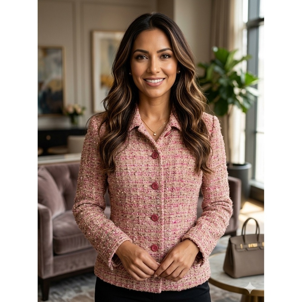 Appleseed's‎ Tweed Blazer Womens 14P Pink Wool Blend Sequin Excellent Jacket